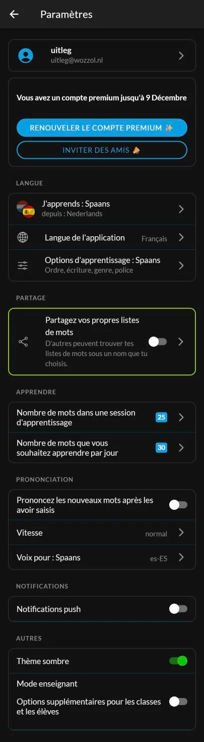 Le nouvel écran de paramètres de Wozzol